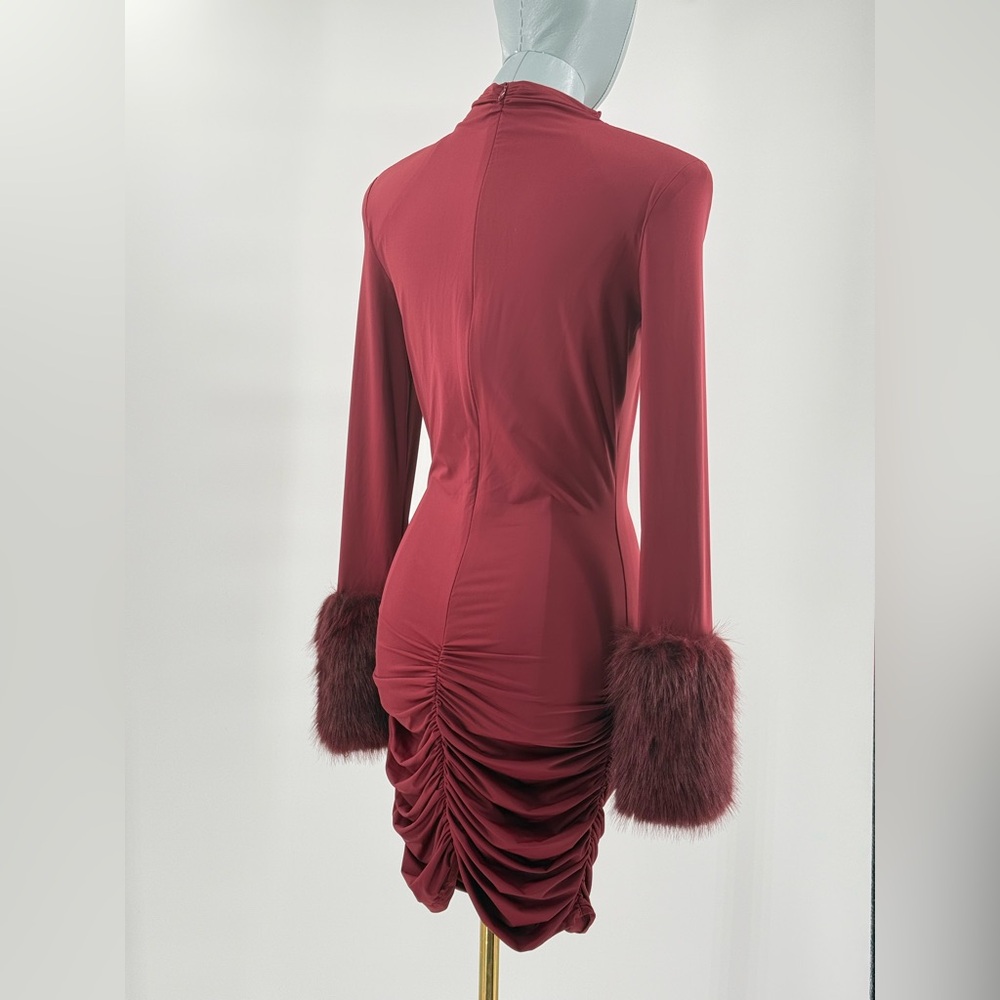 🆕 BRONX & BANCO 🧿 NWOT Eleanor Burgundy Fur Trimmed Mini Dress, Sz L US 8 - Picture 8 of 17